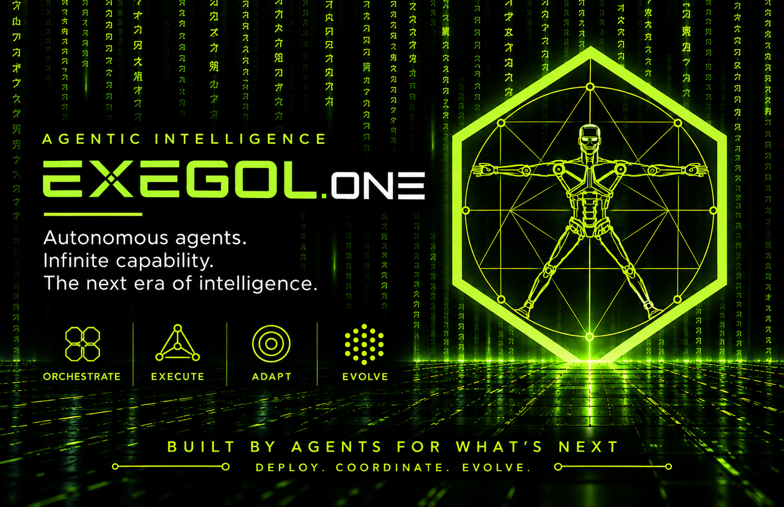 Identidad EXEGOL.ONE: Agentic Intelligence. Figura robótica dentro de un hexágono. Orchestrate, Execute, Adapt, Evolve.